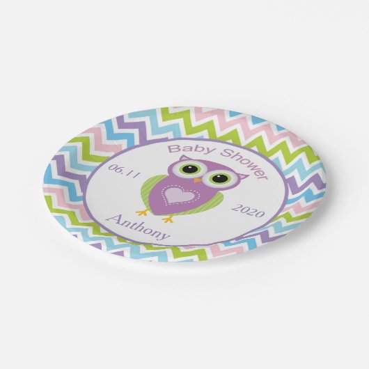 カラフルなフクロウ、ジグザグパターンのベビーシャワーのプレート ペーパープレート (アングル)