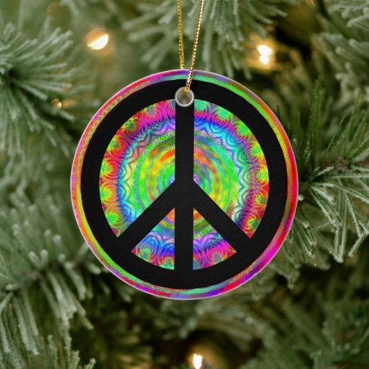 カラフルなフラクタル・カレイドスコープ 黒い平和のシンボル セラミックオーナメント (ツリー)