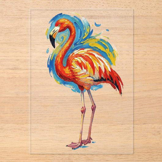 カラフルなフラミンゴの抽象的な筆致の鳥アート アクリル招待状 (正面)