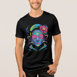 カラフルなフラワー柄の死者の日のフェイスアート トライブレンドTシャツ
