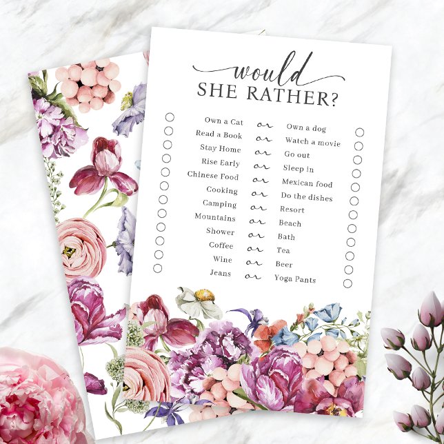 カラフルなブライダルシャワーゲーム (Colorful Jewel Tone Wildflower  Would She Rather Bridal Shower Game by Painted Paperie
)
