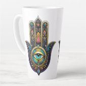 カラフルなブラックゴールドのハムサ（第三の目）ターコイズ カフェラテマグ (左アングル)