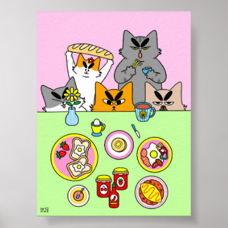 カラフルなブレックファストクラブの猫イラスト キッチン ポスター