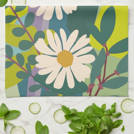 カラフルなブロックで咲くダイジーの花 キッチンタオル (折り畳み)