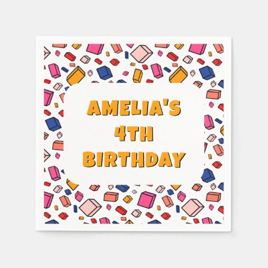 カラフルなブロックレンガ模様の描画子供の誕生日 スタンダードカクテルナプキン (正面)