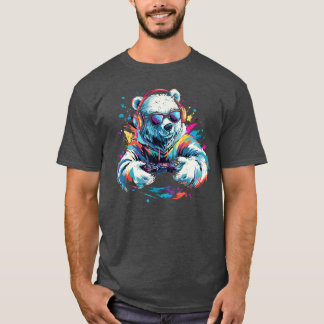 カラフルなヘッドセットアートのゲーマー用ホッキョクグマ Tシャツ