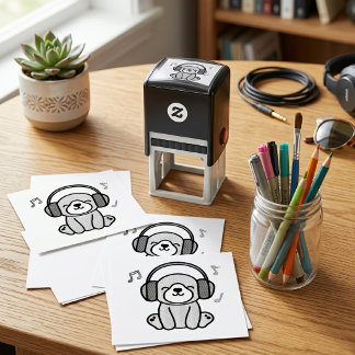 カラフルなヘッドホンで笑うかわいい犬の子犬 セルフインキングスタンプ
