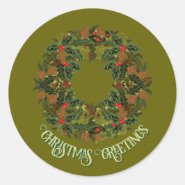 カラフルなペイズリーのリースが描かれたグリーンのクリスマスカード ラウンドシール