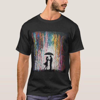 カラフルなペイントの下で傘をさすカップルのシルエット Tシャツ