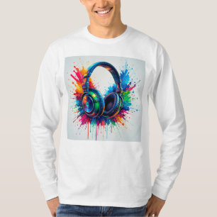 カラフルなペイントの飛沫に映えるヘッドホン Tシャツ