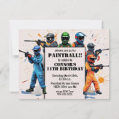 カラフルなペイントボールテーマの子供の誕生日パーティー 招待状 (正面)