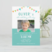 カラフルなペナント旗 青い写真 誕生日パーティー 招待状 (スタンド正面)