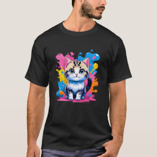 カラフルなペンキのしぶきと可愛いキティ猫 Tシャツ