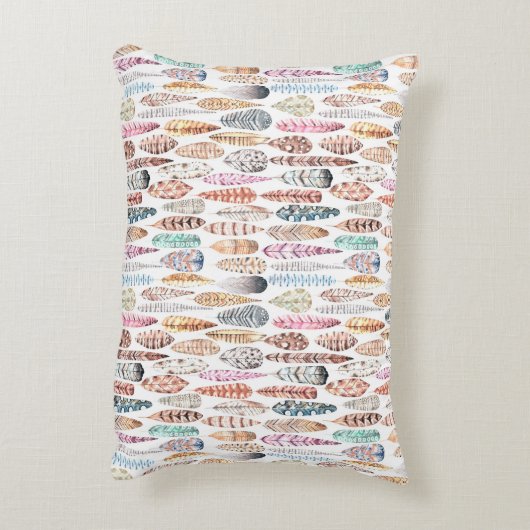 カラフルなボヘミアの種族の水彩画の羽 アクセントクッション (裏面(縦))