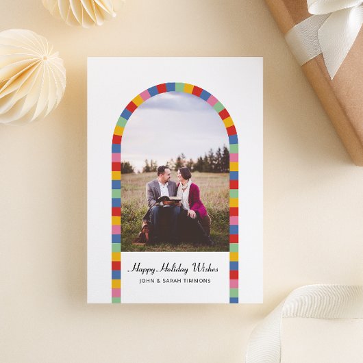 カラフルなボーダーアーチの写真　クリスマスの休暇 シーズンカード