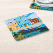 カラフルなボート場面|Venetian礁湖 スクエアペーパーコースター (アングル)