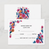 カラフルなボーホー フォーク バード アンド フラワー ウェディング 出欠カード (正面/裏面)
