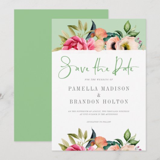 カラフルなボーホー フラワー Save the Date タイポグラフィー 招待状 (正面/裏面)