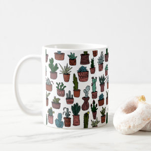 カラフルなポット付き植物のカクタスパターン かわいい コーヒーマグカップ