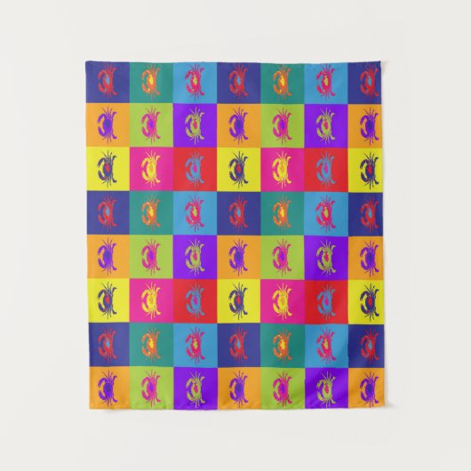 カラフルなポップアートのカニ模様 タペストリー (正面)