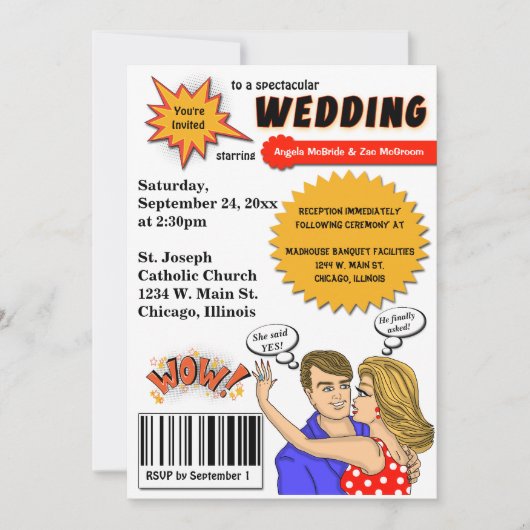 カラフルなポップアートの漫画本カバー結婚式の招待 招待状 (正面)