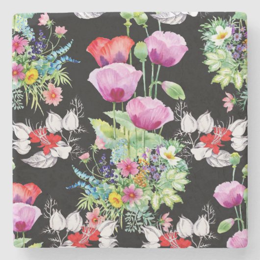 カラフルなポピー夏の花模様 ストーンコースター (正面)
