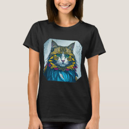 カラフルなポートレートアート 猫がカナリアの羽を食べた Tシャツ