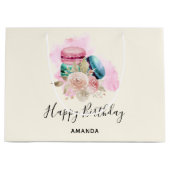 カラフルなマカロンと花の水彩画の誕生日 ラージペーパーバッグ (正面)