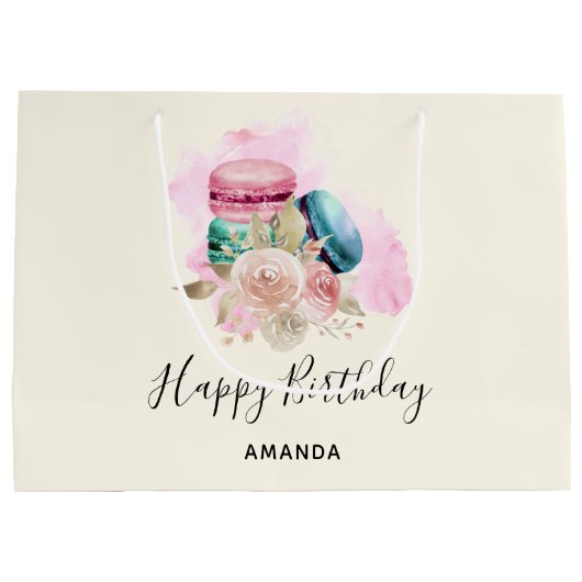 カラフルなマカロンと花の水彩画の誕生日 ラージペーパーバッグ (裏面)