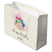 カラフルなマカロンと花の水彩画の誕生日 ラージペーパーバッグ (裏面アングル)