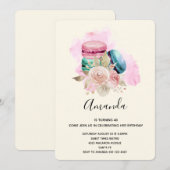 カラフルなマカロンと花の水彩画の誕生日 招待状 (正面/裏面)