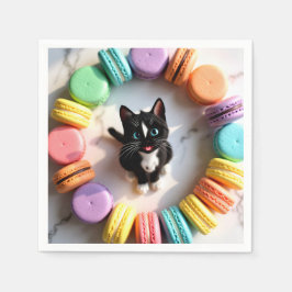カラフルなマカロンに囲まれたキュートな誕生日の猫 - スイート スタンダードカクテルナプキン