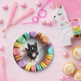 カラフルなマカロンに囲まれたキュートな誕生日の猫 - スイート ペーパープレート