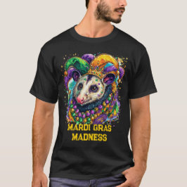 カラフルなマディ・グラのポッサム: ジェスター・マスクとビーズ Tシャツ