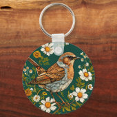 🐦 カラフルなマヒワの鳥の花柄の自然デザイン 🐦 キーホルダー (正面)