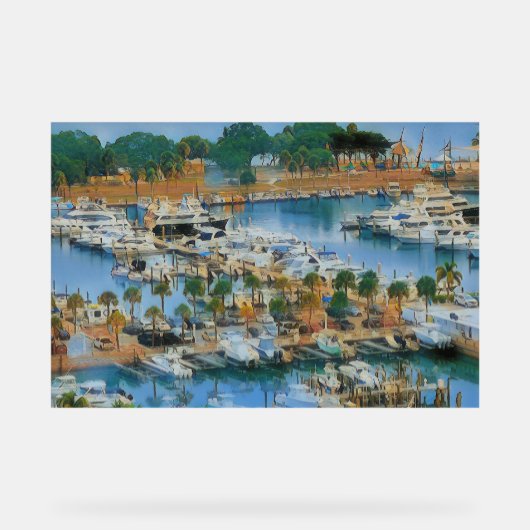 カラフルなマリーナの壁画 海岸の港のボート アクリルサイン (正面)