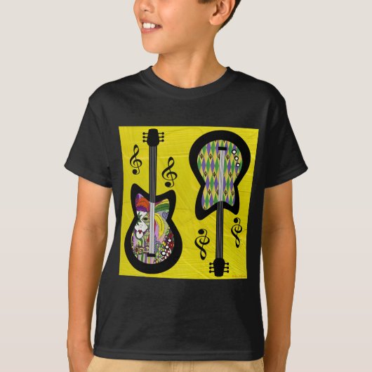カラフルなマルディグラのギター Tシャツ (正面)