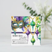 カラフルなマルディ・グラ・マスクとビーズのパーティー 招待状 (スタンド正面)