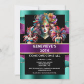 カラフルなマーディ・グラス祭りの女性　マスク　羽根 招待状 (正面)