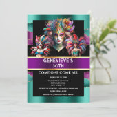 カラフルなマーディ・グラス祭りの女性　マスク　羽根 招待状 (スタンド正面)