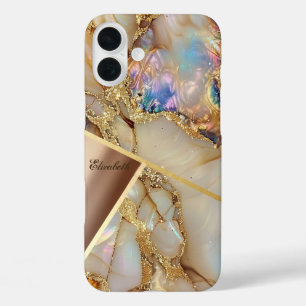 カラフルなマーブル模様 ゴールドラメ幾何学模様 iPhone 16 PLUSケース