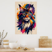 カラフルなメインクーンの猫の肖像画デジタルアートスタイル ポスター (キッチン)