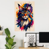 カラフルなメインクーンの猫の肖像画デジタルアートスタイル ポスター (ホームオフィス)