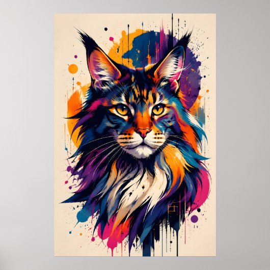 カラフルなメインクーンの猫の肖像画デジタルアートスタイル ポスター (正面)