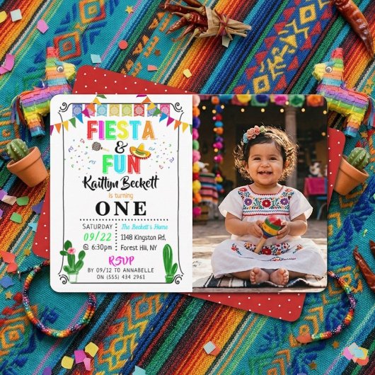 カラフルなメキシコのフィエスタ&ファン1歳の誕生日写真 招待状