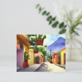 カラフルなメキシコの村の通り 水彩画風景画 ポストカード (スタンド正面)