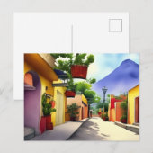 カラフルなメキシコの村の通り 水彩画風景画 ポストカード (正面/裏面)