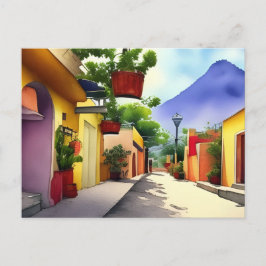 カラフルなメキシコの村の通り 水彩画風景画 ポストカード