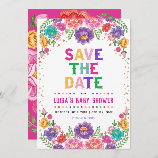 カラフルなメキシコの花のフィエスタ Save the Date 招待状 (正面/裏面)