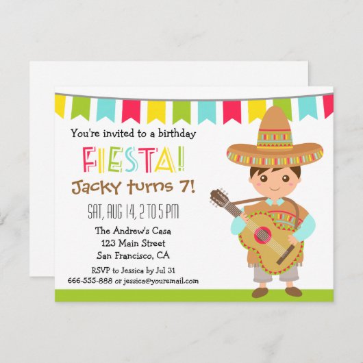 カラフルなメキシコフェスタの子供の誕生日のパーティー 招待状 (正面/裏面)